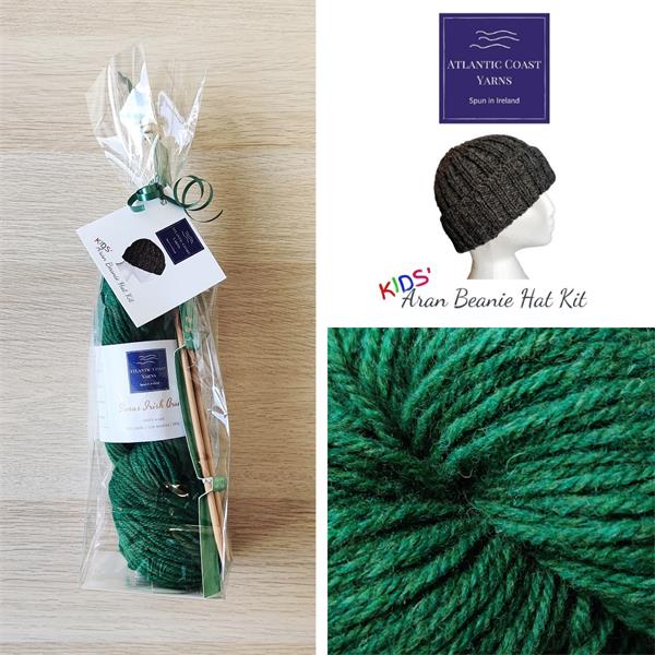 Atlantic Coast Yarns - Kids Irish Aran Beanie Hat Kit (100% Wool) - Green 006
