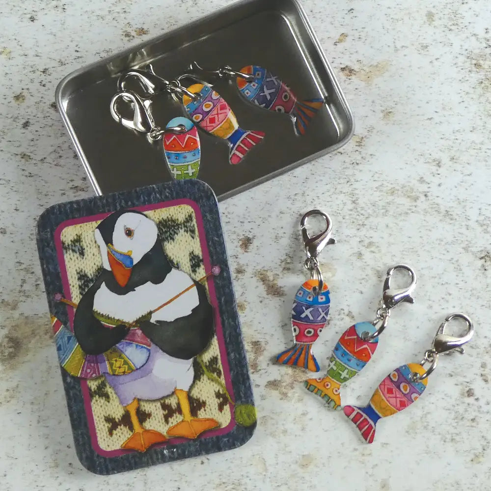 Emma Ball - Fish Crochet Stitch Markers es in a Puffin Tin