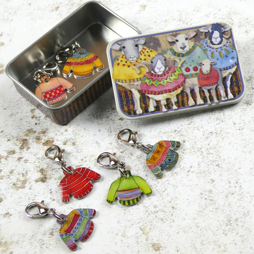 Emma Ball - Jumper Crochet Stitch Markers in a Sheep Pocket Tin