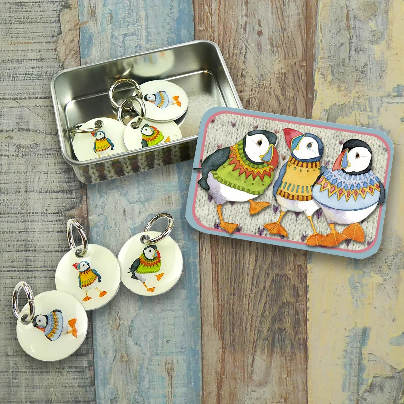 Emma Ball - Woolly Puffin Knitting Stitch Markers in A Pocket Tin