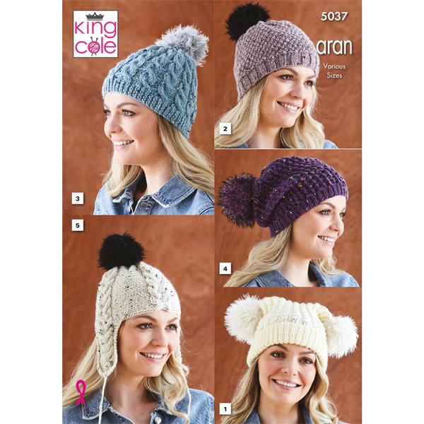 King Cole Pattern 5037 Hats Knitted in Fashion Aran