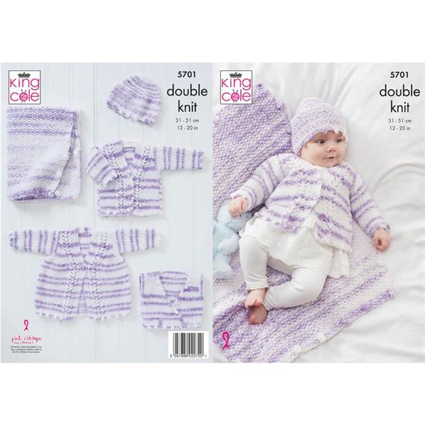 King Cole Pattern 5701 Matinee Coat, Cardigan, Crossover, Hat & Blanket in Double Knitting