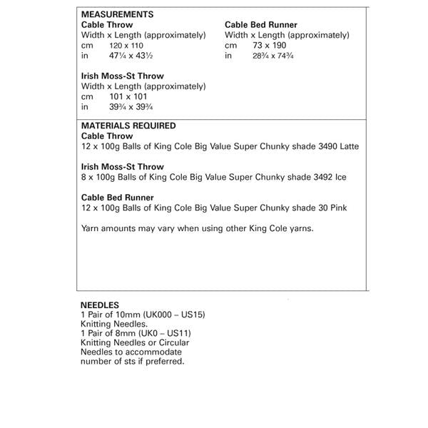 King Cole Pattern 5835 Throw and Runner in Super Chunky