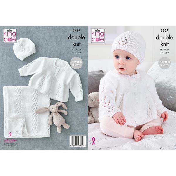 King Cole Pattern 5927 Matinee Coat, Hat and Blanket in Cherished DK