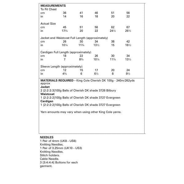 King Cole Pattern 6003 Jacket, Waistcoat & Cardigan in Cherish DK