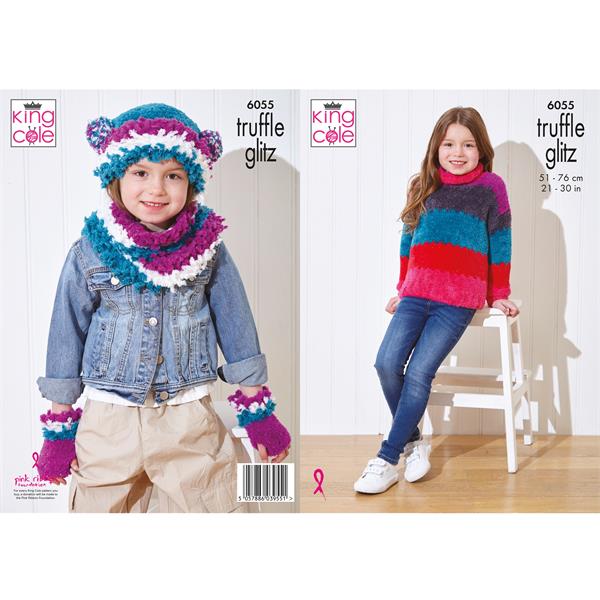 King Cole Pattern 6055 Sweater & Accessories in Truffle Glitz