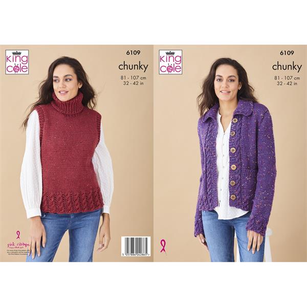King Cole Pattern 6109 Jacket & Tank Top Knitted in Chunky Tweed