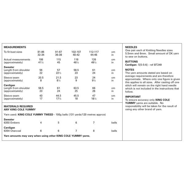 King Cole Pattern 6316 Sweater & Cardigan in Yummy Tweed