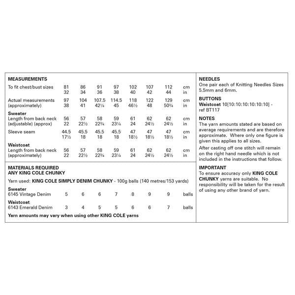 King Cole Pattern 6377 Sweater and Waistcoat in Simply Denim Chunky