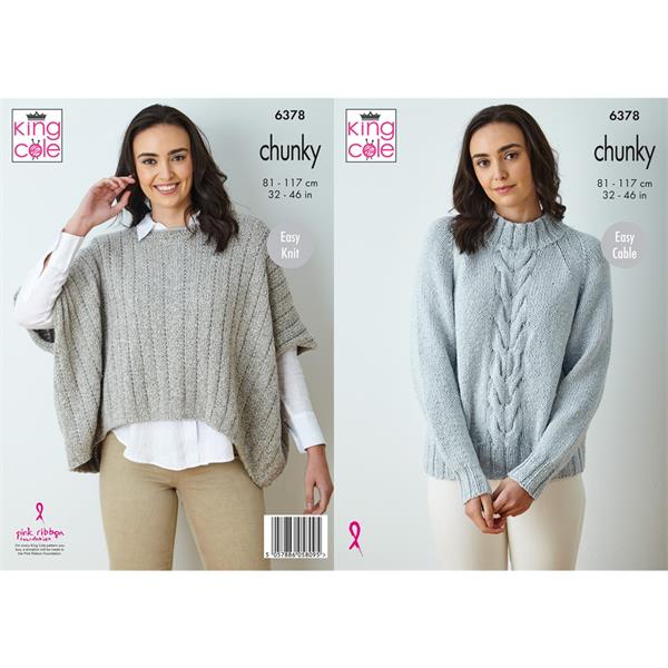 King Cole Pattern 6378 Cape Top and Oversized Cable Sweater in Simply Denim Chunky