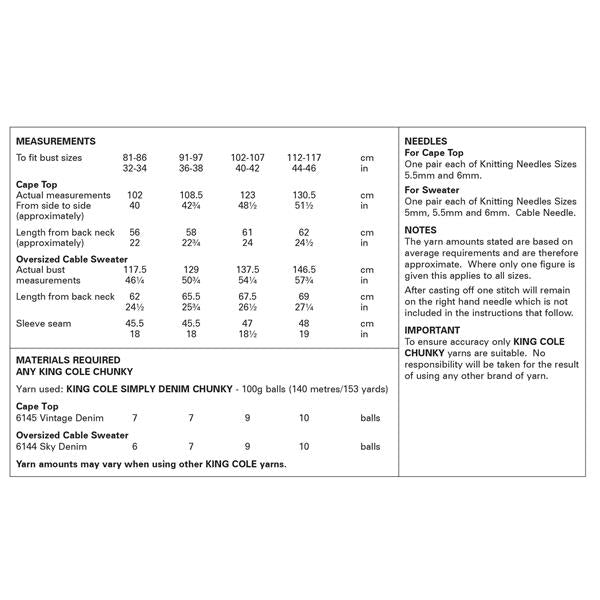 King Cole Pattern 6378 Cape Top and Oversized Cable Sweater in Simply Denim Chunky