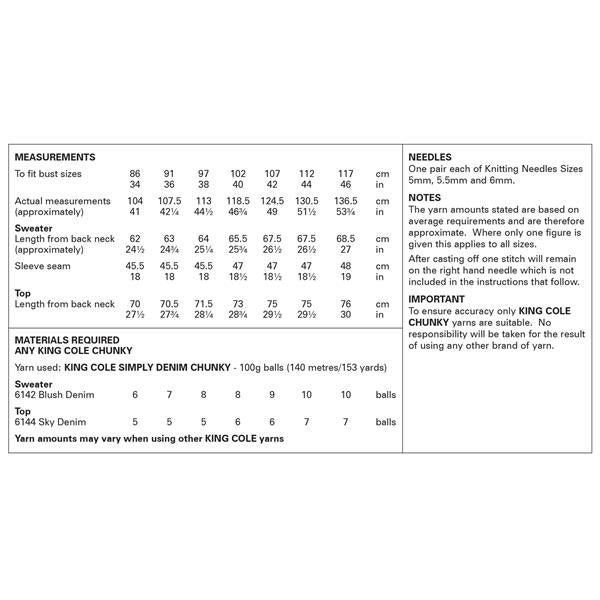 King Cole Pattern 6379 V Neck Sweater and Top in Simply Denim Chunky