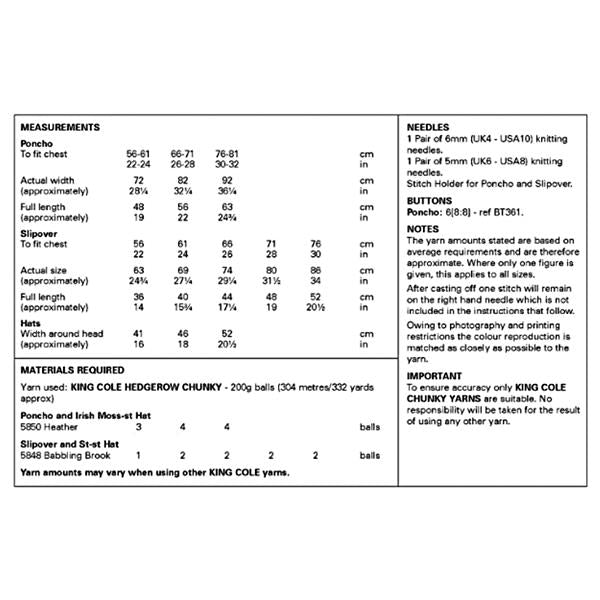 King Cole Pattern 6400 Poncho, Slipover and Hats in Hedgerow Chunky