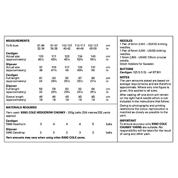 King Cole Pattern 6401 Cardigan and Slipover in Hedgerow Chunky