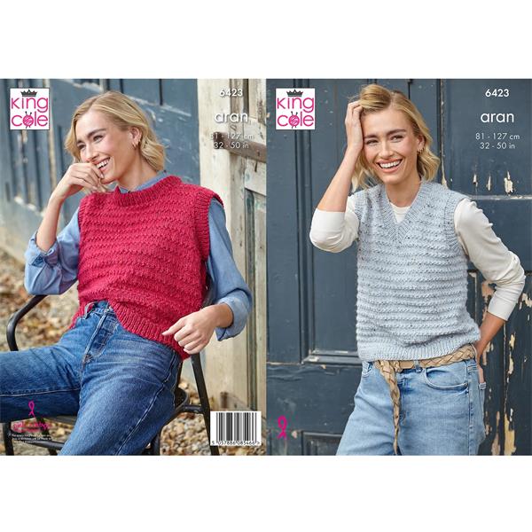 King Cole Pattern 6423 Ladies Round and V-Neck Tanks in Aran