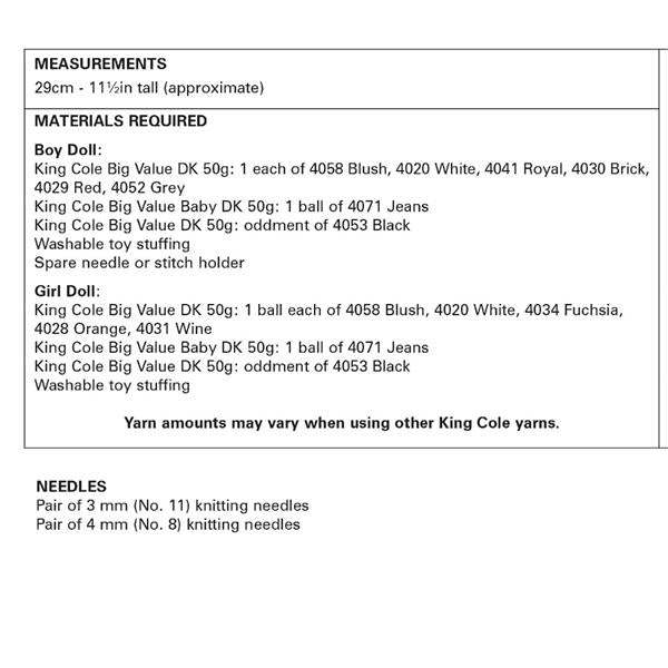 King Cole Pattern 9141 Rag Dolls in DK