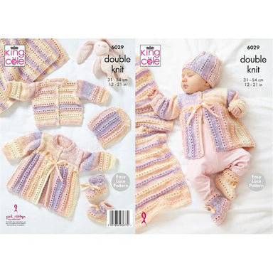 King Cole Pattern 6029 Cardigan, Matinee Coat, Hat, Booties & Blanket in Cutie Pie DK
