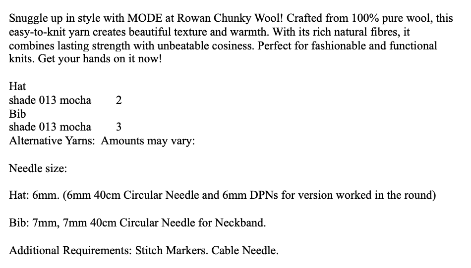 MODE at Rowan Pattern MIP65 - Daphne Hat & Bib in Chunky Wool by Quail Studio