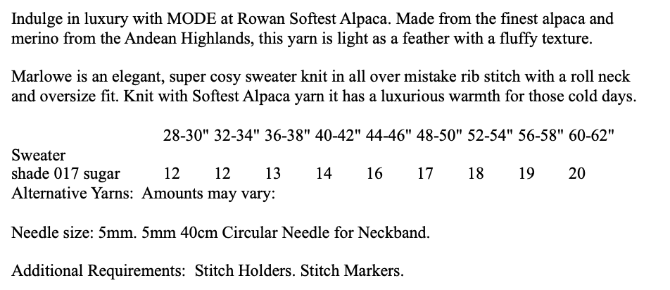 MODE at Rowan Pattern MIP72 - Marlowe Sweater in Softest Alpaca by Quail Studio