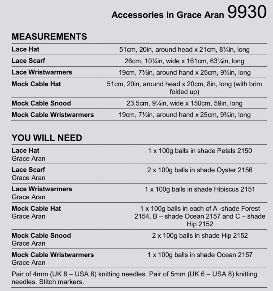 Stylecraft Pattern 9930 Ladies Accessories in Grace Aran