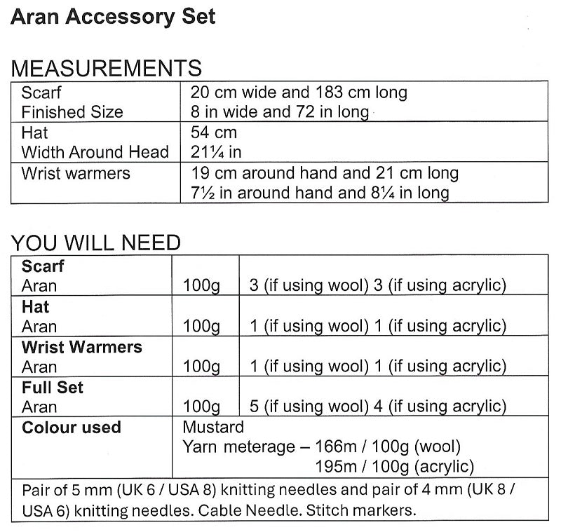UKHKA Pattern 261 Scarf, Hat & Mittens in Aran