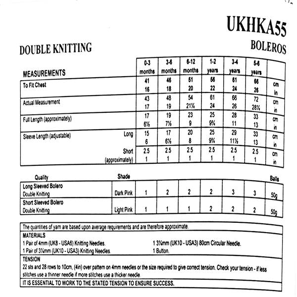 UKHKA Pattern 55 Bolero Knitted in DK