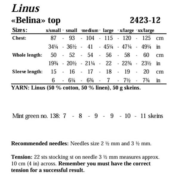 Viking Garn Pattern 2423-12 Belina Top in Linus (Linen/Cotton DK)
