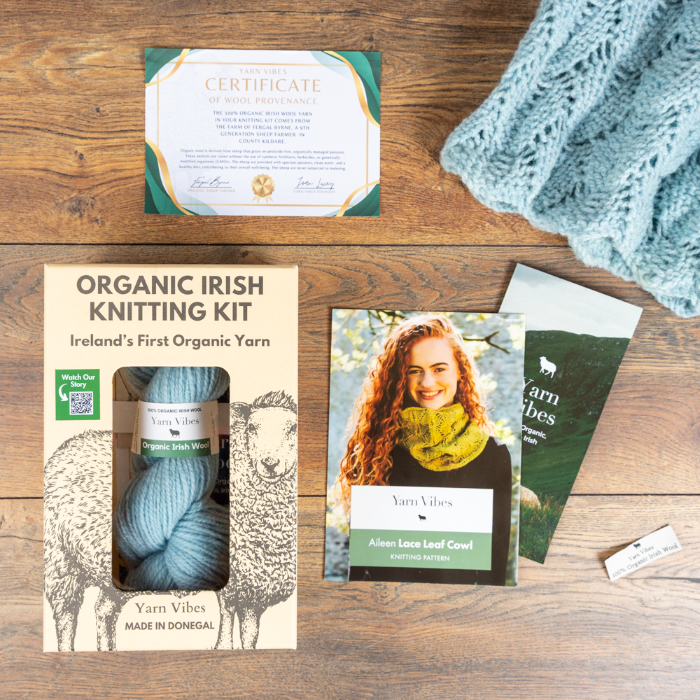 Yarn Vibes 100% Organic Irish Knitting Kit: Aileen Lace Leaf Cowl