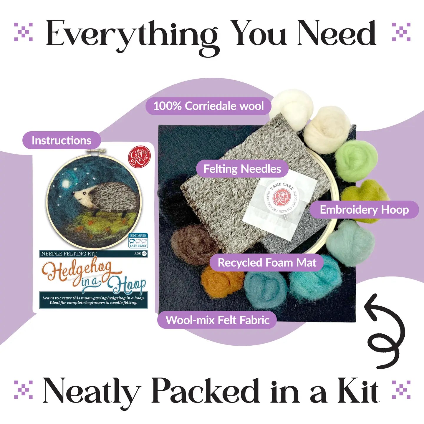The Crafty Kit Company - Hedgehog in a Hoop Needle Felting Craft Kit
