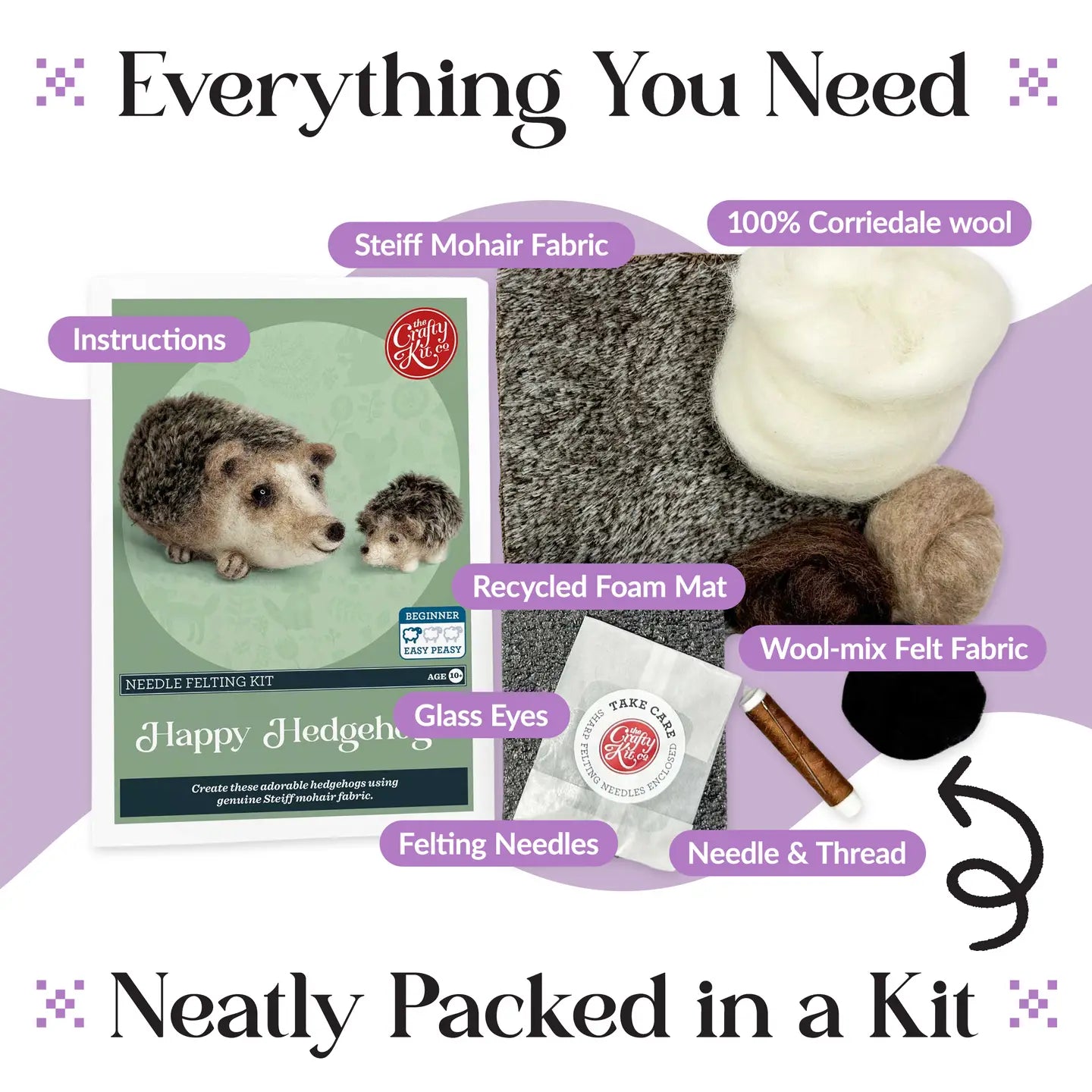 The Crafty Kit Company Needle Felting Craft Kit - Happy Hedgehogs