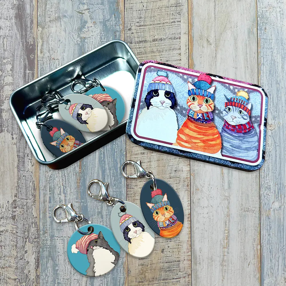 Emma Ball - Cats in Hats Crochet Stitch Markers in a pocket tin