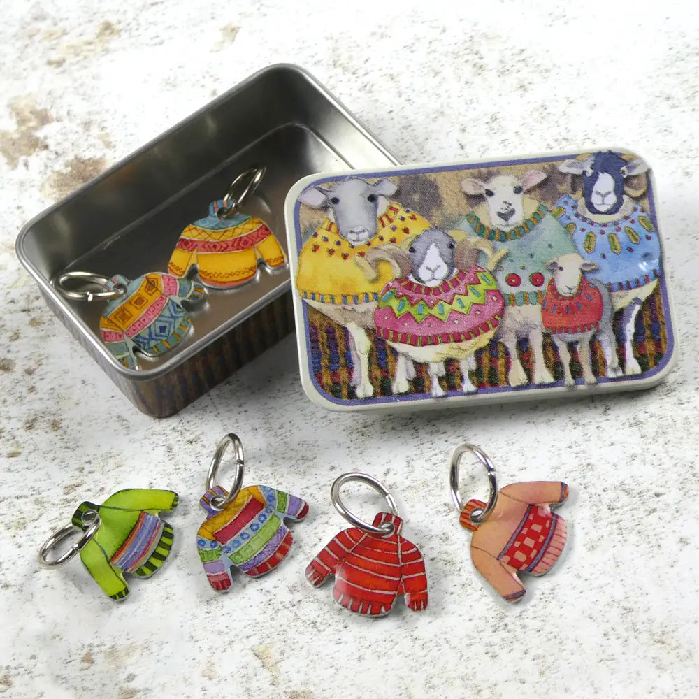 Emma Ball - Sheep Sweaters Knitting Stitch Markers in a pocket tin