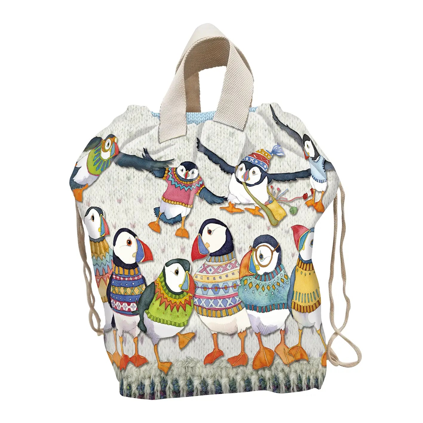 Emma Ball - Woolly Puffins, Large Bucket Bag, with Drawstring