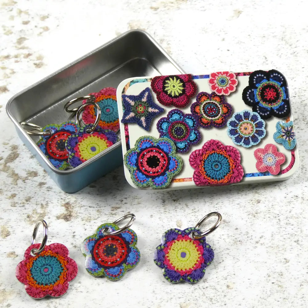 Emma Ball - Janie Crow Flower Knitting Stitch Markers in a pocket tin