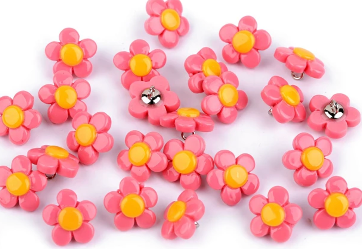 Pink & Yellow Flower Buttons - 15mm