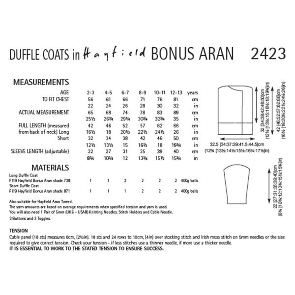 Sirdar Pattern 2423 Duffle Coats in Aran