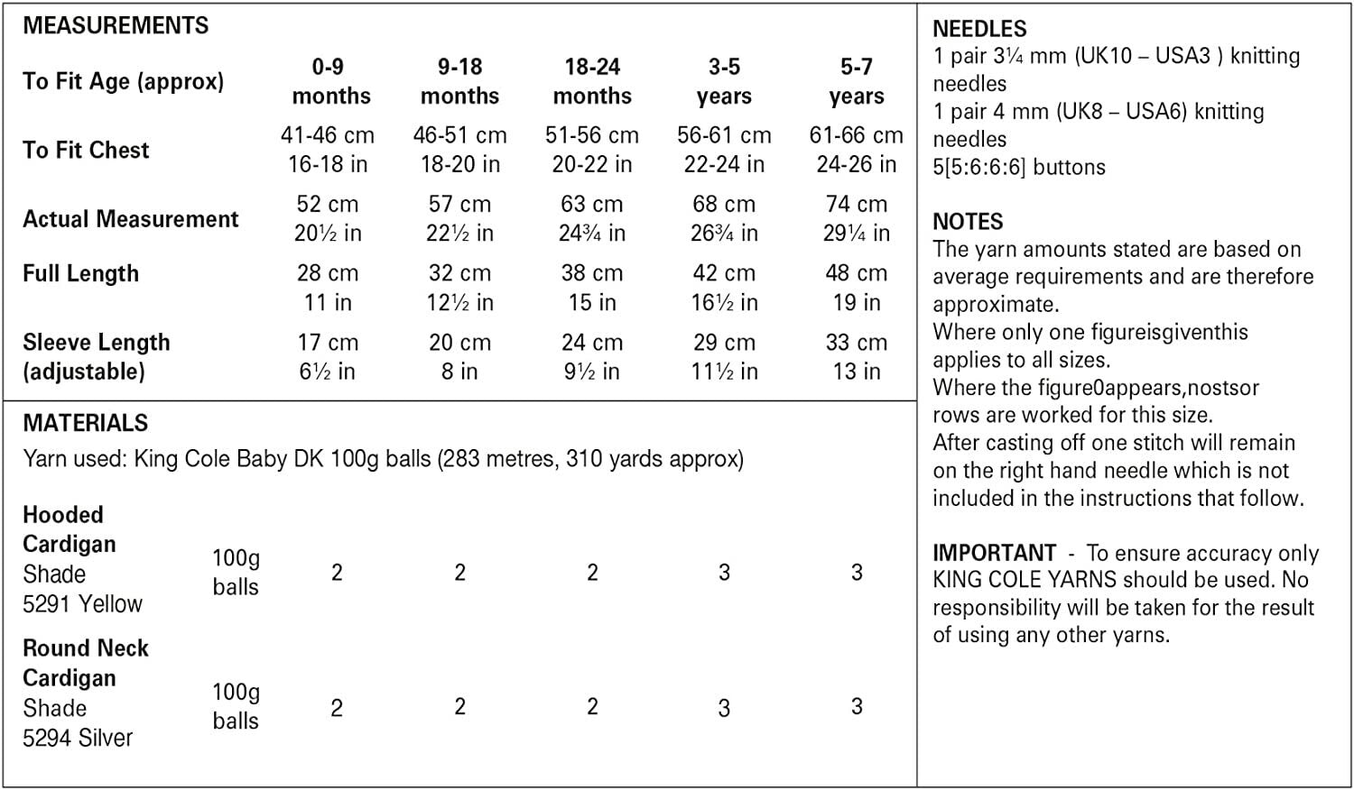 King Cole Pattern 1009 Cardigans in DK