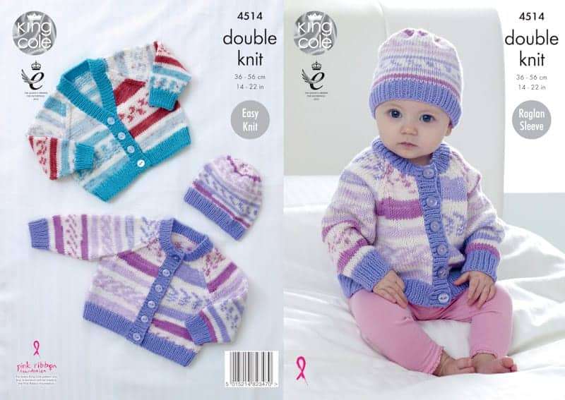 King Cole Pattern 4514 Hat and Cardigans in Cherish DK