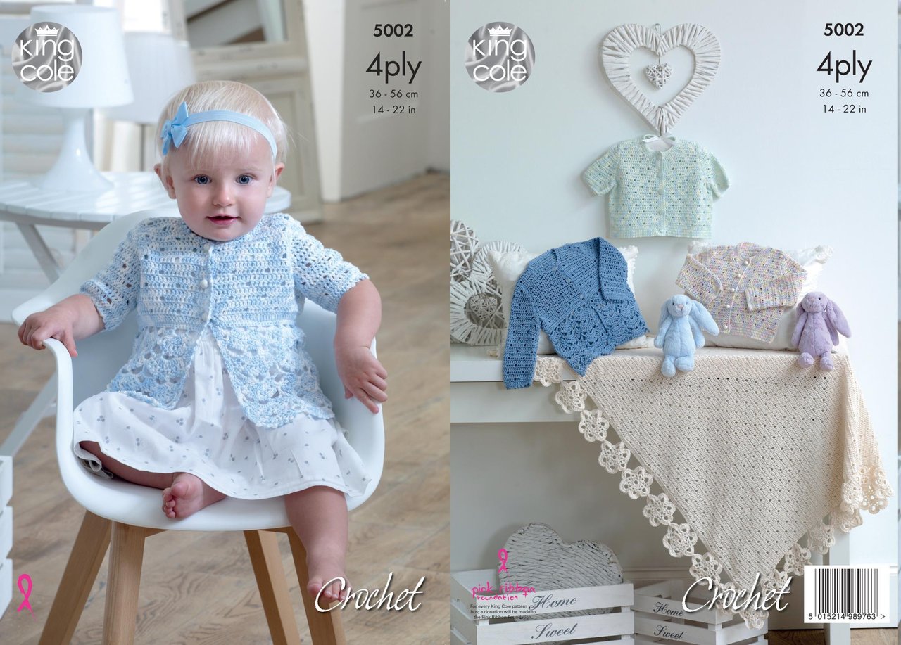 King Cole Pattern 5002 Crochet Pattern Baby Matinee Jackets, Cardigans and Shawl in 4 Ply