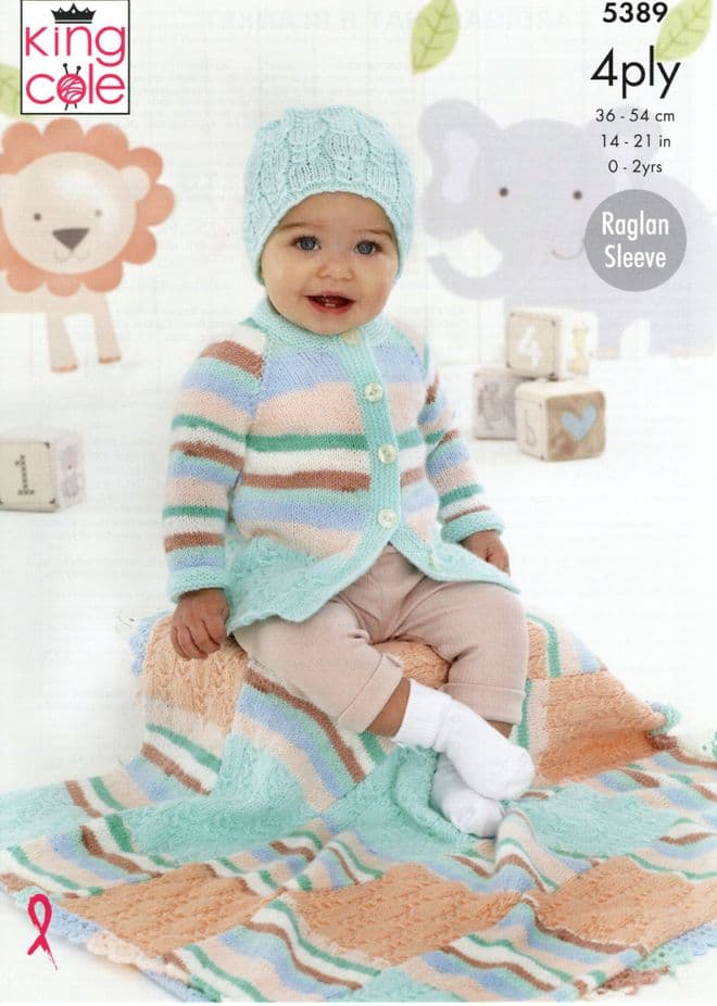 King Cole Pattern 5389 Baby Coat, Cardigan, Hat & Blanket in 4ply