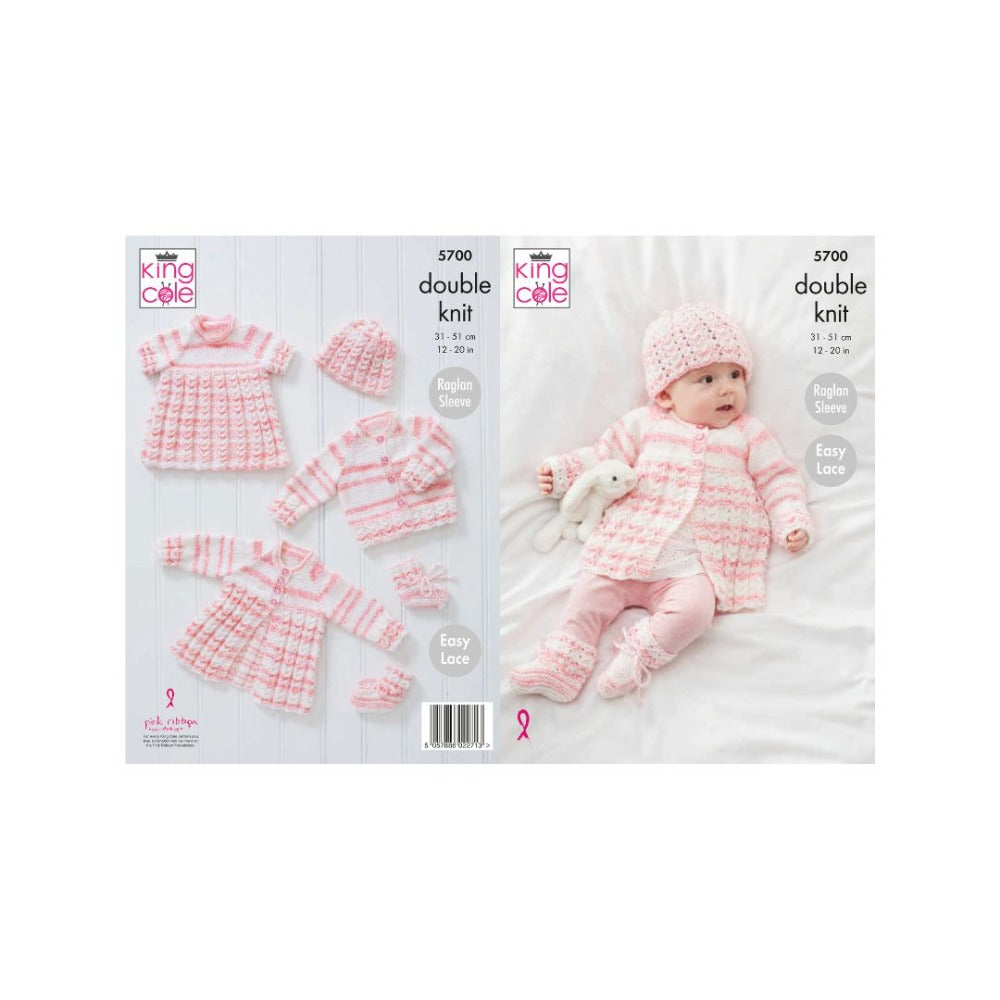 King Cole Pattern 5700 Baby Cardigan, Matinee Coat, Top, Hat & Bootees in DK