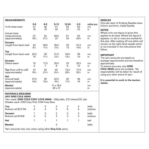 King Cole Pattern 6047 Top, Sweater, Hat & Blanket in Cosy Love Aran