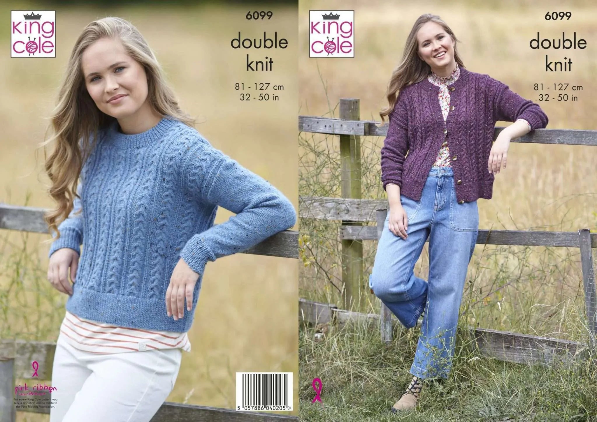 King Cole Pattern 6099 Ladies Round Neck Jumper and Cardigan in Homespun DK
