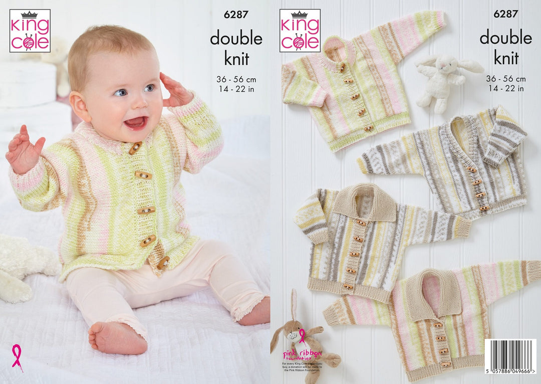 King Cole Pattern 6287 Baby Cardigans in 4 Designs in DK