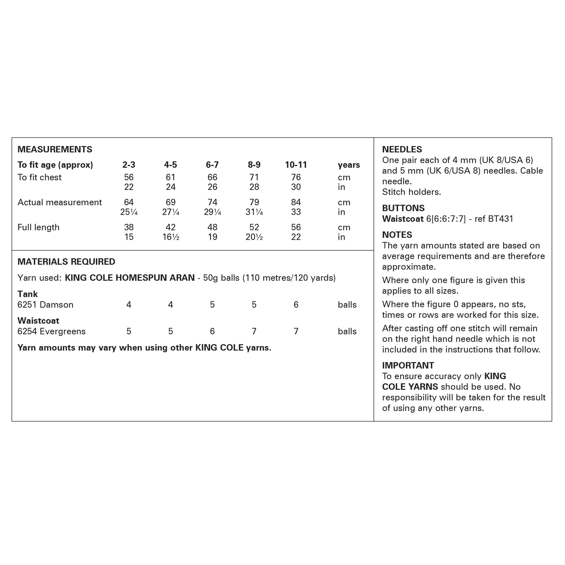 King Cole Pattern 6306 Children's Tank and Waistcoat in King Cole Homespun Prism Aran