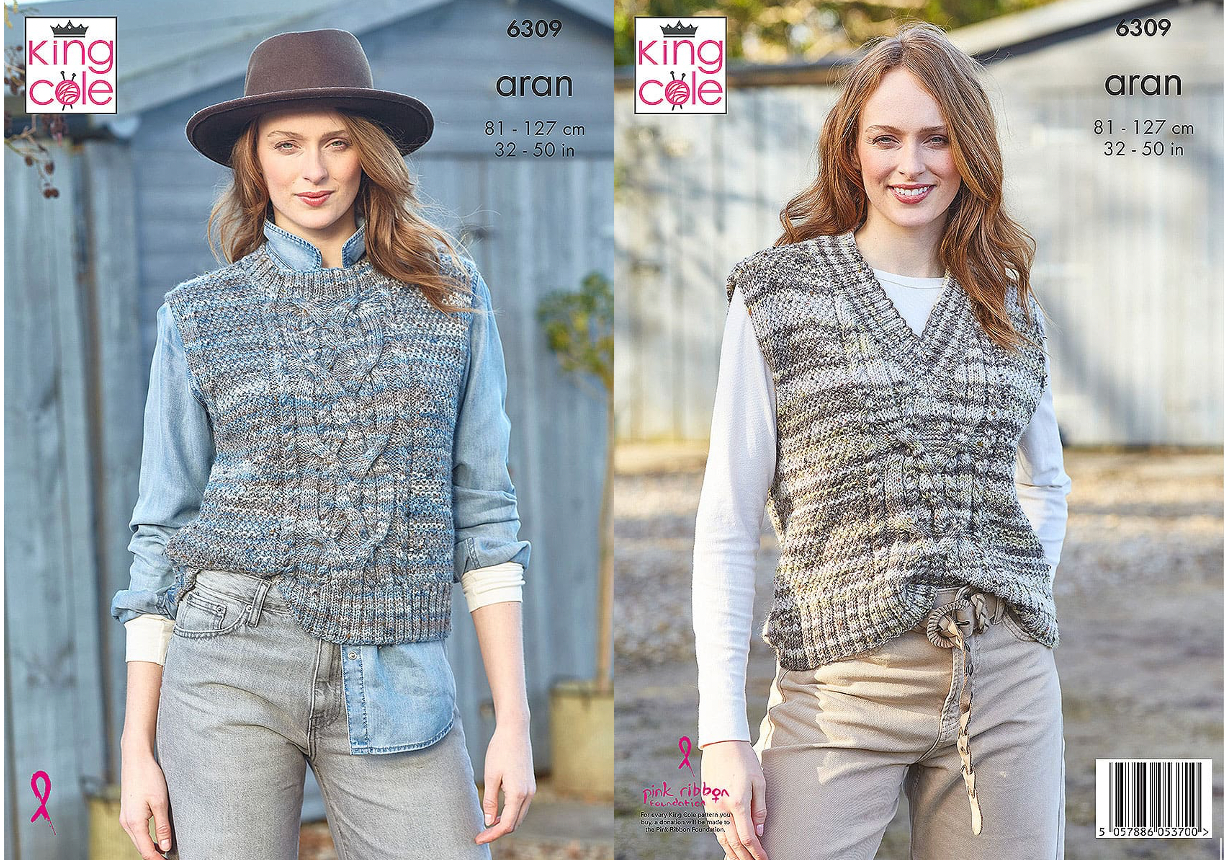 King Cole Pattern 6309 Ladies Round and V Neck Tanks knitted in Homespun Prism Aran