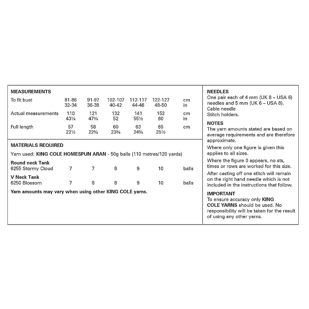 King Cole Pattern 6309 Ladies Round and V Neck Tanks knitted in Homespun Prism Aran
