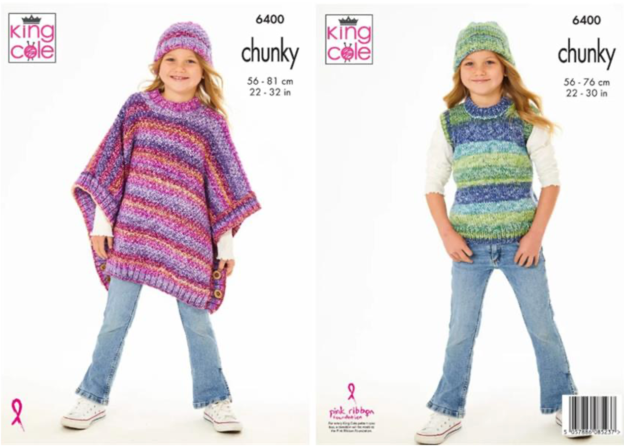 King Cole Pattern 6400 Poncho, Slipover and Hats in Hedgerow Chunky
