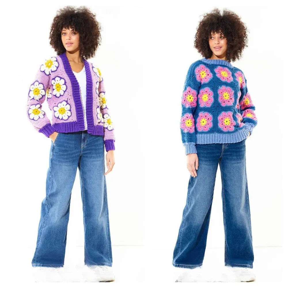 King Cole Crochet Pattern 6489 Flower Cardigan and Jumper in Chunky