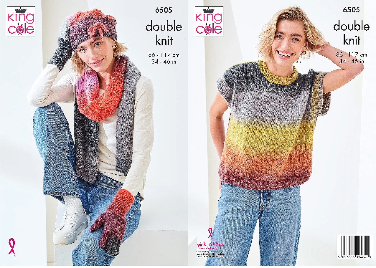 King Cole Pattern 6505 Vest Top, Scarf, Hat and Gloves knitted in Curiosity DK